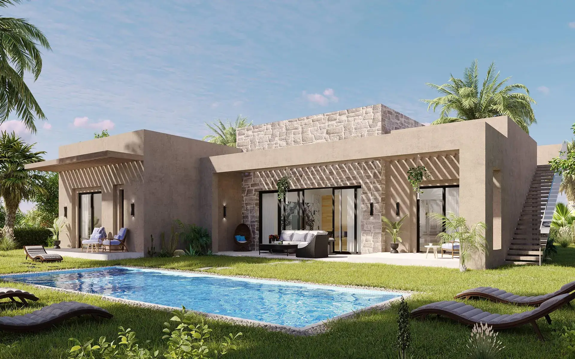 Perspective 3D d'une villa contemporaine avec piscine, réalisée par HP Immobilier