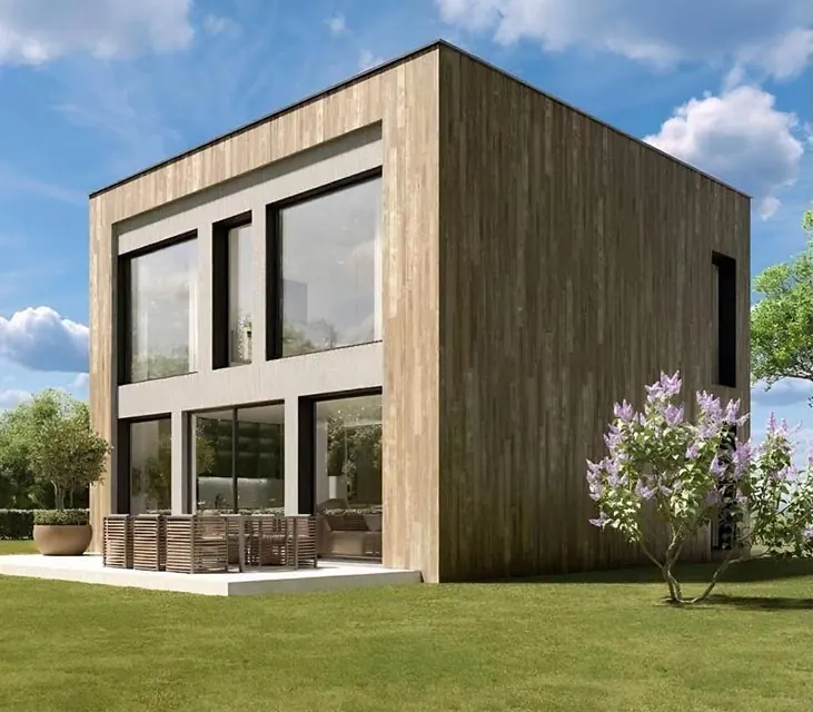 Perspective 3D d'une maison contemporaine en bardage bois