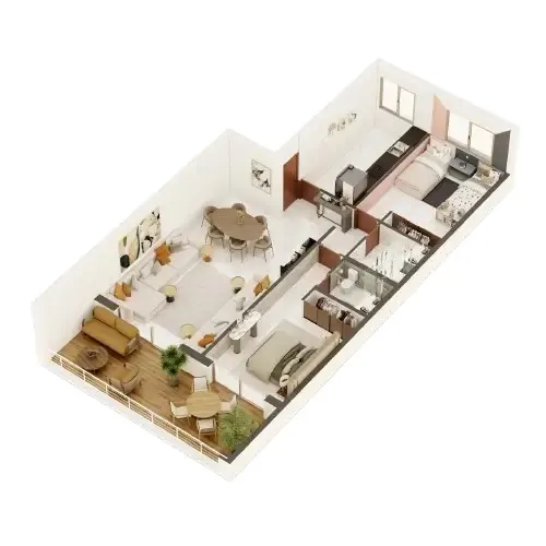 Plan 3D décoré d'un appartement trois pièces