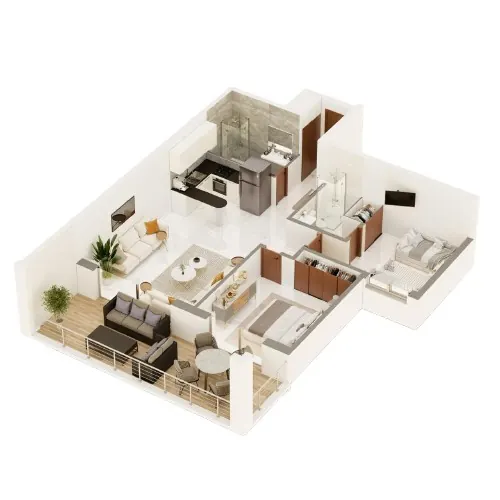Plan 3D meublé d'un appartement avec terrasse