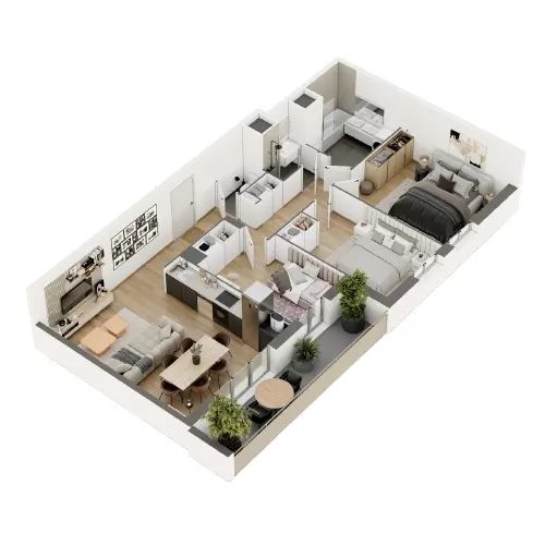 Plan 3D en perspective d'un logement familial