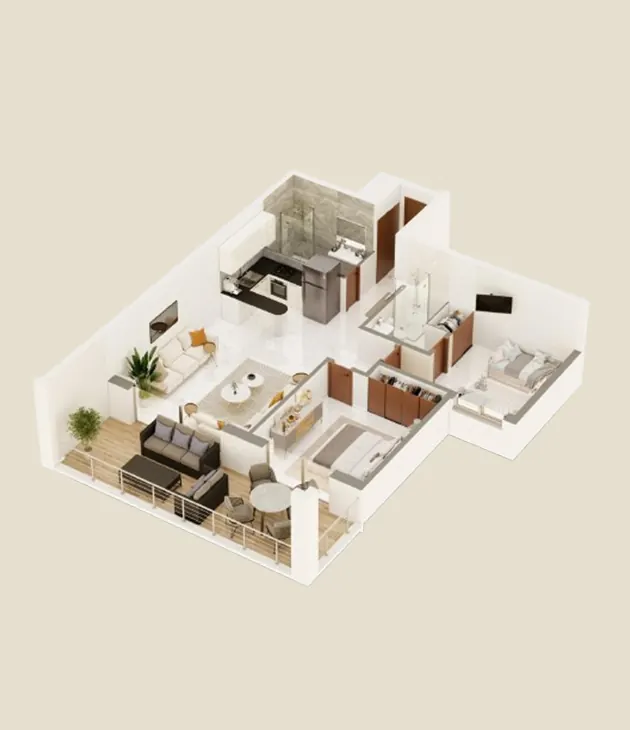 Plan 3D décoré d'un appartement en perspective