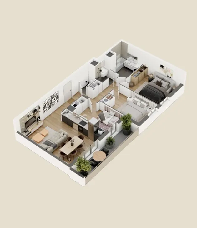 Plan 3D en perspective d'un logement