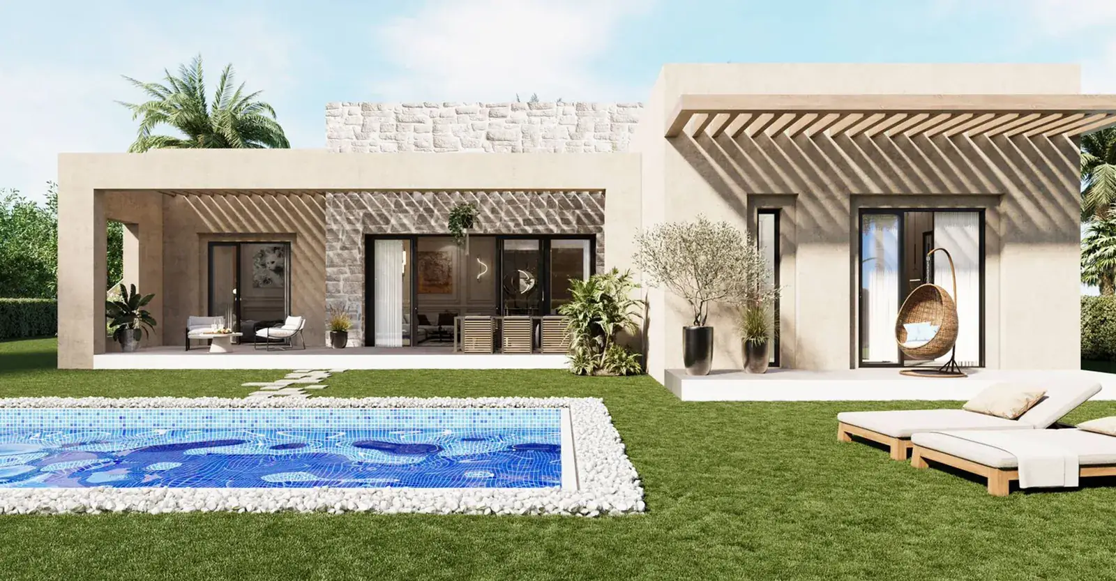 Perspective 3D extérieure d'une villa avec piscine